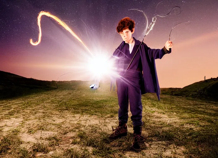 Prompt: a young adult wizard with very detailed face, hair clothes and shoes holds their wand fiercely in their hand from which a blast of bright magic flies from the end of the wand, on an empty moonlit hill, dramatic lighting, lens flare, 3 5 mm full frame professional photography, kodachrome