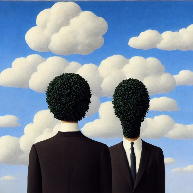 Image similar to portrait of a faceless beautiful flower - head man in a suit, clouds in the background, by rene magritte, detailed painting, distance, middle centered, hd, hq, high resolution, high detail, 4 k, 8 k