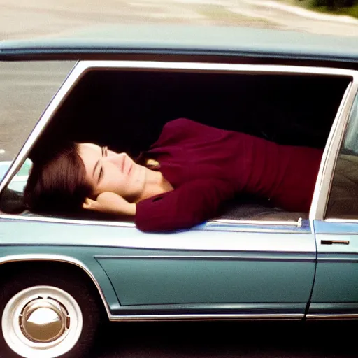 Image similar to a woman laying in the back seat of a car in 1 9 7 4 color