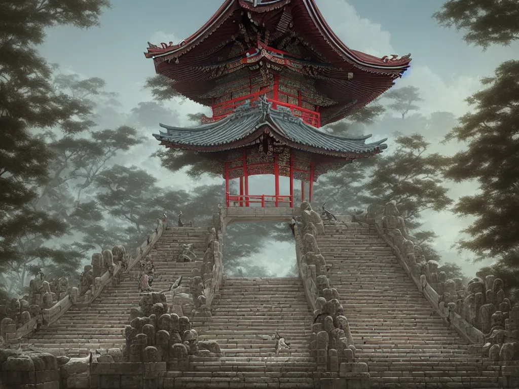 Prompt: tang dynasty shinto gate at the top of many stone steps, by peter mohrbacher and dan mumford and nekro, cgsociety, volumetric light, 3 d render