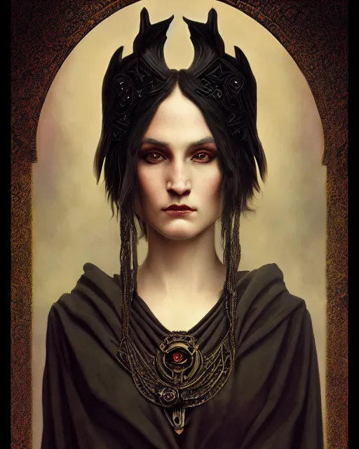 Image similar to a portrait of the Raven Queen, dark magic, illustration, dramatic lighting, soft details, painting oil on canvas, art nouveau, octane render, HDR, 4k, 8k, HD, by Edmund Blair Leighton, Brom, Charlie Bowater, trending on artstation, ,Tom Bagshaw faces by otto Schmidt