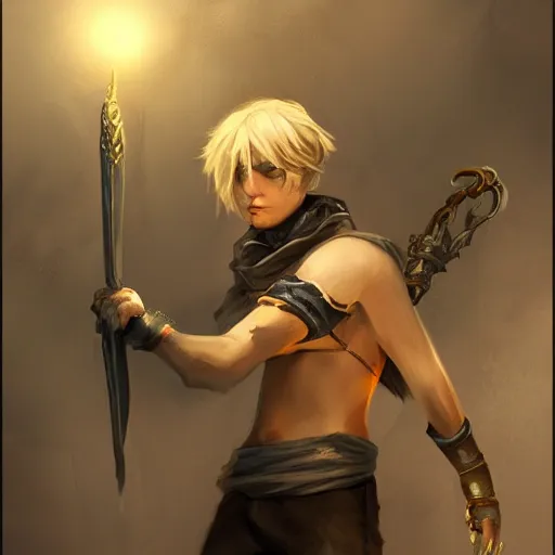 Prompt: A dirty blonde boy thief with daggers, epic fantasy, dreamscape maximized, cinematic lighting, fantasy art illustration, trending on Artstation