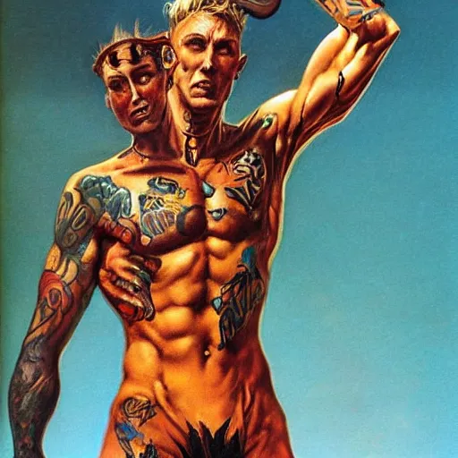 Prompt: ultimate Chad, body completely covered in mystical tattoos, art by peter Andrew jones