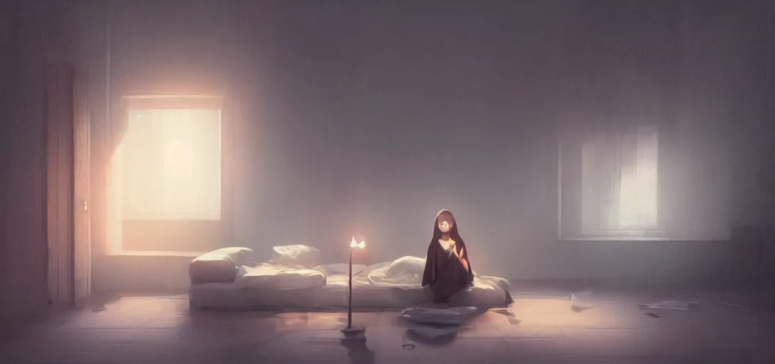 Image similar to Young Himalayan woman sitting concerned in an empty room with loneliness using psychic powers to make a lighter float| night time scene, plain walls |somber white eyes, long messy hair | gentle lighting, futuristic, dim lighting, digital art by Makoto Shinkai ilya kuvshinov and Wojtek Fus, digital art, concept art,