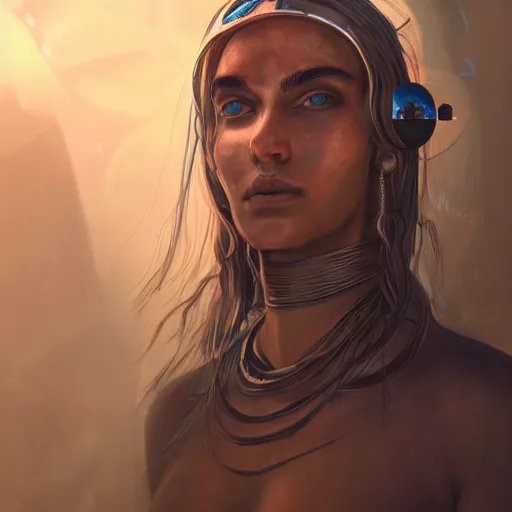 Image similar to detailed portrait of a futuristic sci - fi shaman in a natural scene. beautiful lighting. trending on artstation.