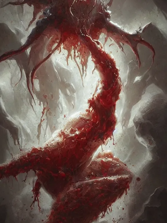 Image similar to painting by greg rutkowski a flying human head with tears running down it's face face that is chalk white in color, with long white!! tentacles!! stemming from it's neck, fiery scorching red eyes, flying in a terrying hellish dark cavernous place