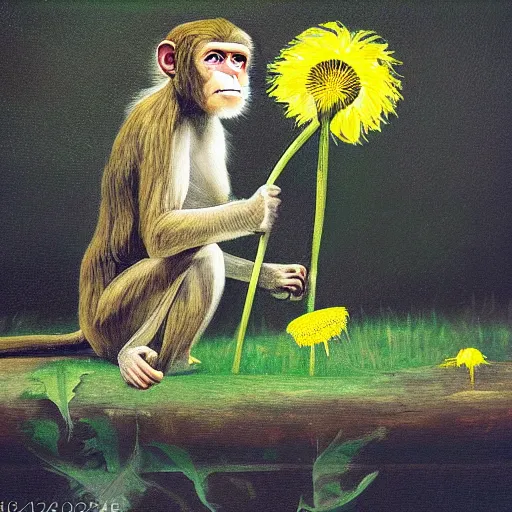 Image similar to photograph of a monkey painting dandelions on a canvas