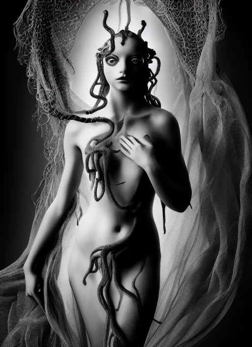 Prompt: surreal mythical dreamy dark artistic black and white fine art photo of a beautiful young female angel - medusa - mermaid - cyborg covered with translucent algae, highly detailed, lace web, rim light, cinematic, studio dramatic light, poetic, octane render, 8 k, photo - realistic, by horst p. horst