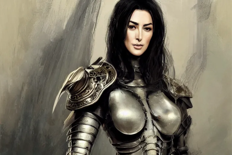 Prompt: a finely detailed portrait of Monica Bellucci, clothed in battle armor, olive skin, long dark hair, beautiful bone structure, symmetrical facial features, intricate, elegant, digital painting, trending on Artstation, concept art, smooth, sharp focus, illustration, from Metal Gear by Ruan Jia and Mandy Jurgens and Artgerm and and william-adolphe bouguerea, award winning