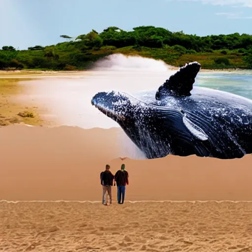 Prompt: whale exploding on a beach with people standing nearby hyperrealistic 4 k