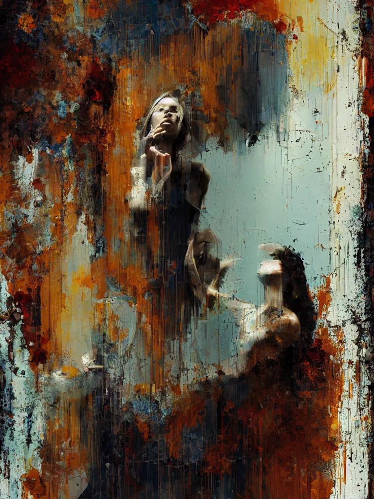 Image similar to a beautiful painting by robert proch and christian hook of a woman in front of a mirror in a glitched bathroom, metal rust and plaster materials, pixel sorting, color bleeding, brushstrokes by jeremy mann