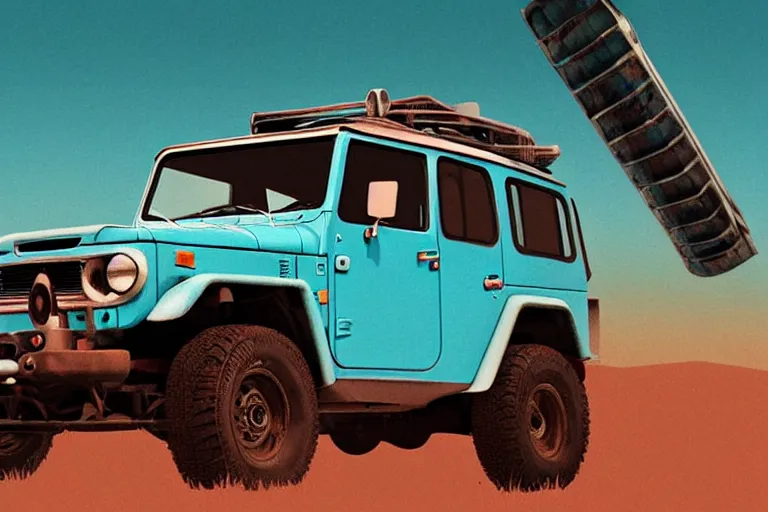 Image similar to digital illustration of a pale cyan mad max's fj 4 0 decrepit!!!! pursuit special, rusty!! nissan fj cruiser heavily modded 1 9 8 0 s, the last v 8 interceptor by makoto shinkai, ilya kuvshinov, lois van baarle, rossdraws, basquiat