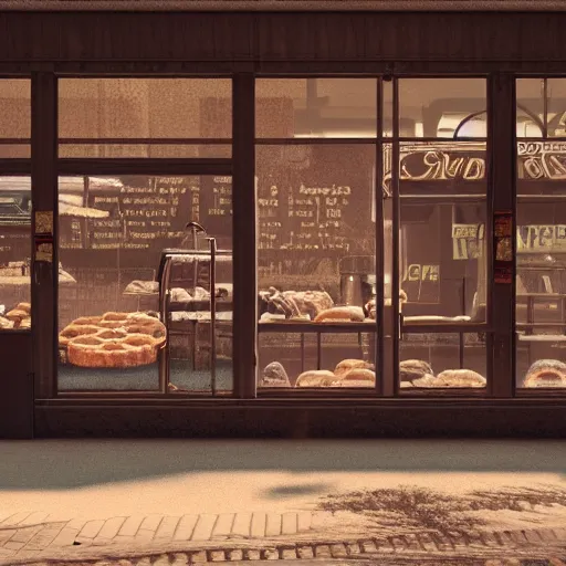 Image similar to Donuts at a cafe in the 1800s, muted cyberpunk style, tranquil, desolate, atmospheric, hazy, sweltering, autochrome, 8k, reflections, octane render, unreal engine 5