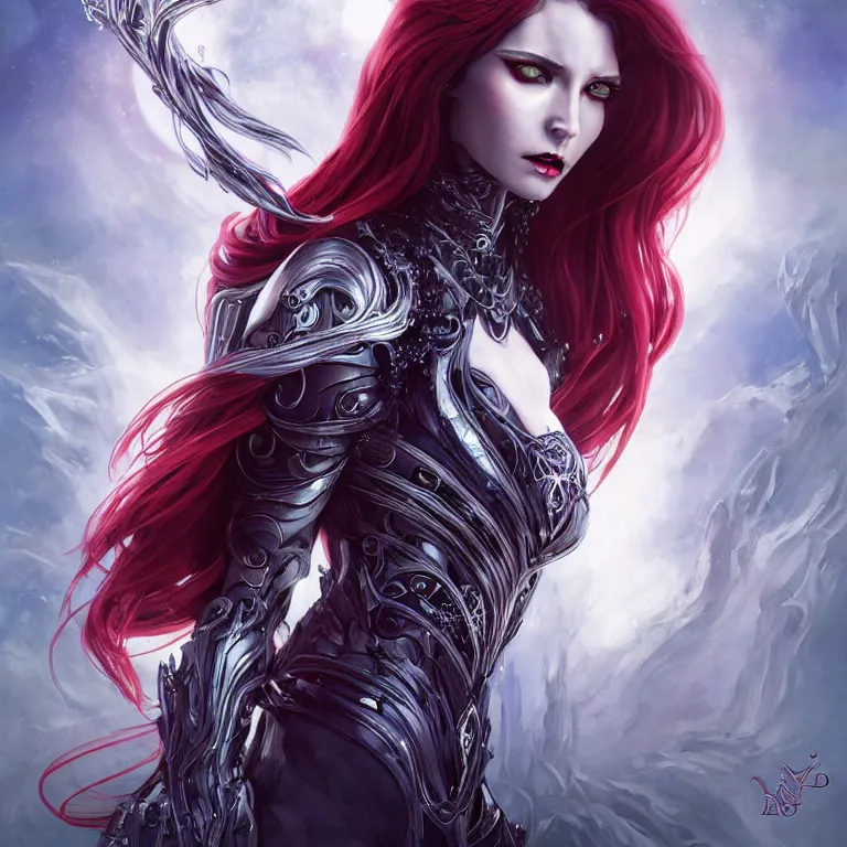 Image similar to beautiful cinematic fantasy poster, beautiful female cyborg vampire wearing a jeweled silver crown with brilliant silver flowing hair, beautiful red glowing eyes, wideshot ultrawide angle epic scale, hybrid from The Elden Ring and art direction by Darius Zawadzki ;by artgerm; wayne reynolds art station; cinematic quality character render; low angle; ultra high quality model; production quality cinema model;