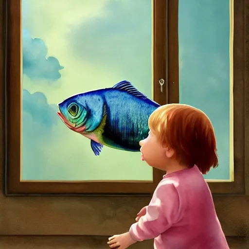 Image similar to a hype realistic oil painting of the most cute little fat girl kissing a huge colorful cute fish. hype realistic scene. studio lighting. window. 3 d, octane render, deep focus, fashion style, white scene. very funny and sweet art. unreal engine. watercolor. fellini style. poster quality. da vinci painting style. highly detailed.