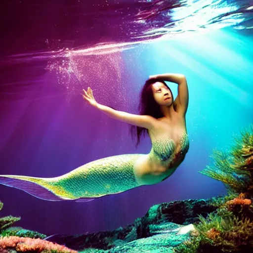 Image similar to beautiful japanese biomecanic mermaid in emotional movement, underwater photography and light scattering, water refractions turned out impressive imho,