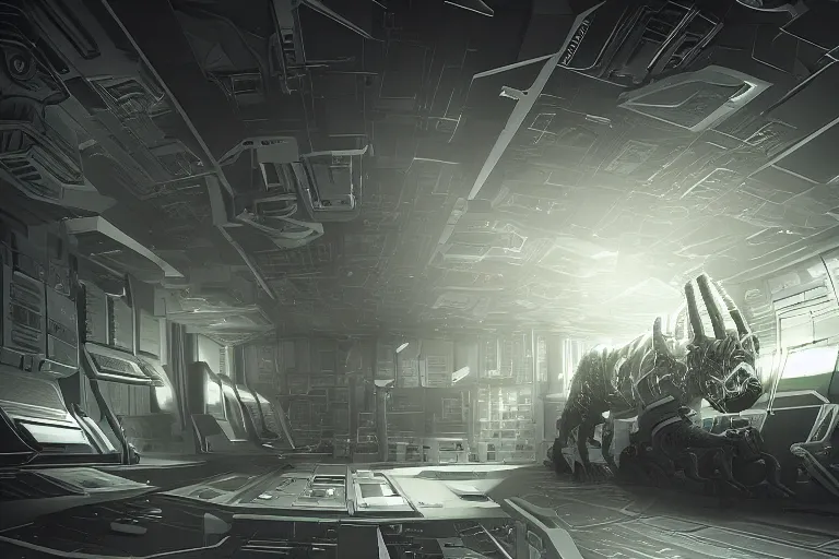 Prompt: parallax datacenter server room interior single mono colossus white rusty android guest robosaurus artstation cinematic detailed concept art sharp coherent cgsociety symmetric perfect well balanced shadows lotr swithes routers