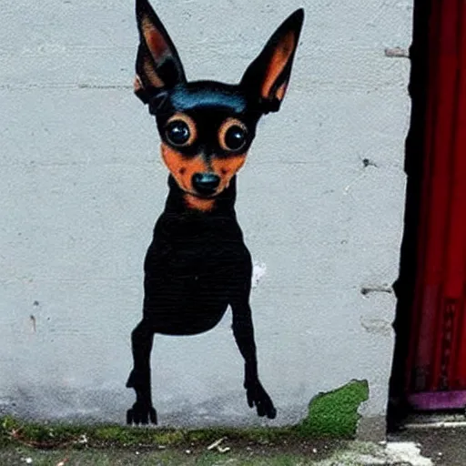 Image similar to min pin dog graffiti street art by banksy