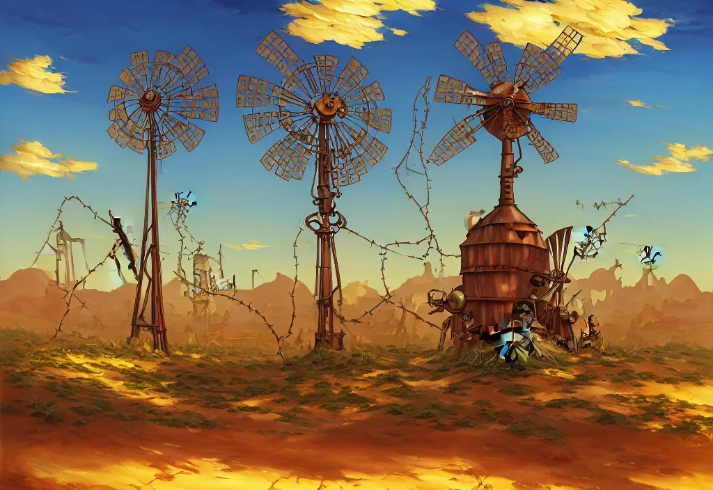 Image similar to steampunk windmill in the desert with chubby vines and puddles in the foreground, intricate oil painting, high detail illustration, sharp high detail, manga and anime 1 9 9 9, official fanart behance hd artstation by jesper ejsing and makoto shinkai, 4 k,