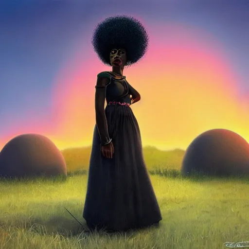 Prompt: a beautiful matte painting of A BLACK GIRL with afro puff in SOLARPUNK VILLAGE AT SUNSET, by Chris Leib. tribal, retrowave, Black art, afrofuturism, vivid colors