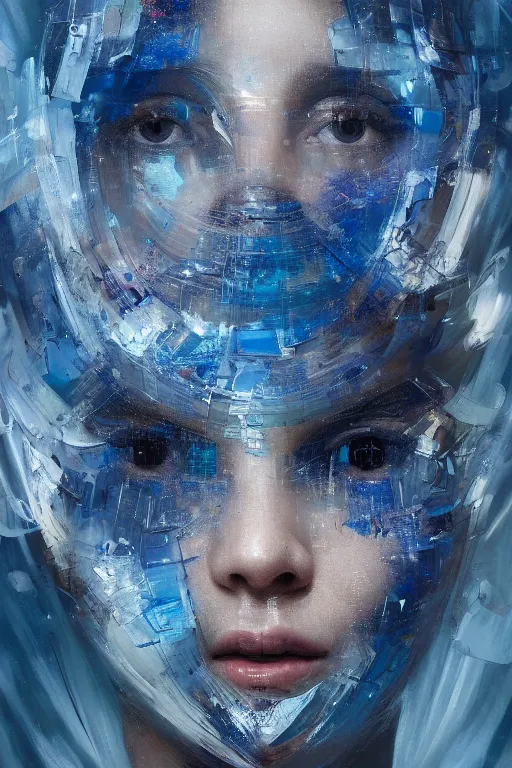 Image similar to 3 d, sci - fi, close - up, morning, smiling fashion model face, sun, cinematic, clouds, sun rays, vogue cover style, poster art, blue mood, realistic painting, intricate oil painting, high detail illustration, figurative art, multiple exposure, poster art, by tooth wu and wlop and beeple and greg rutkowski