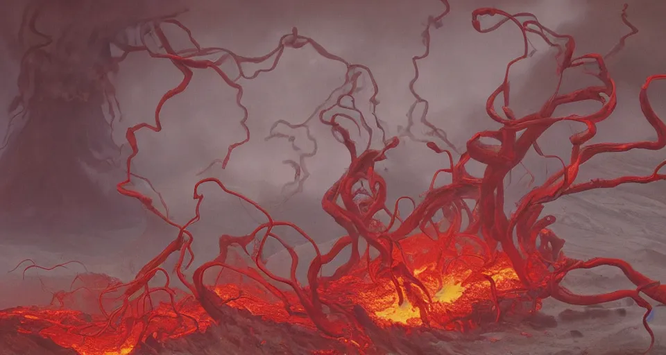 Image similar to a volcano made of ivory vines and crimson rocks enters in eruption, it spits a smoke in the shape of demonic eye, by James Gurney