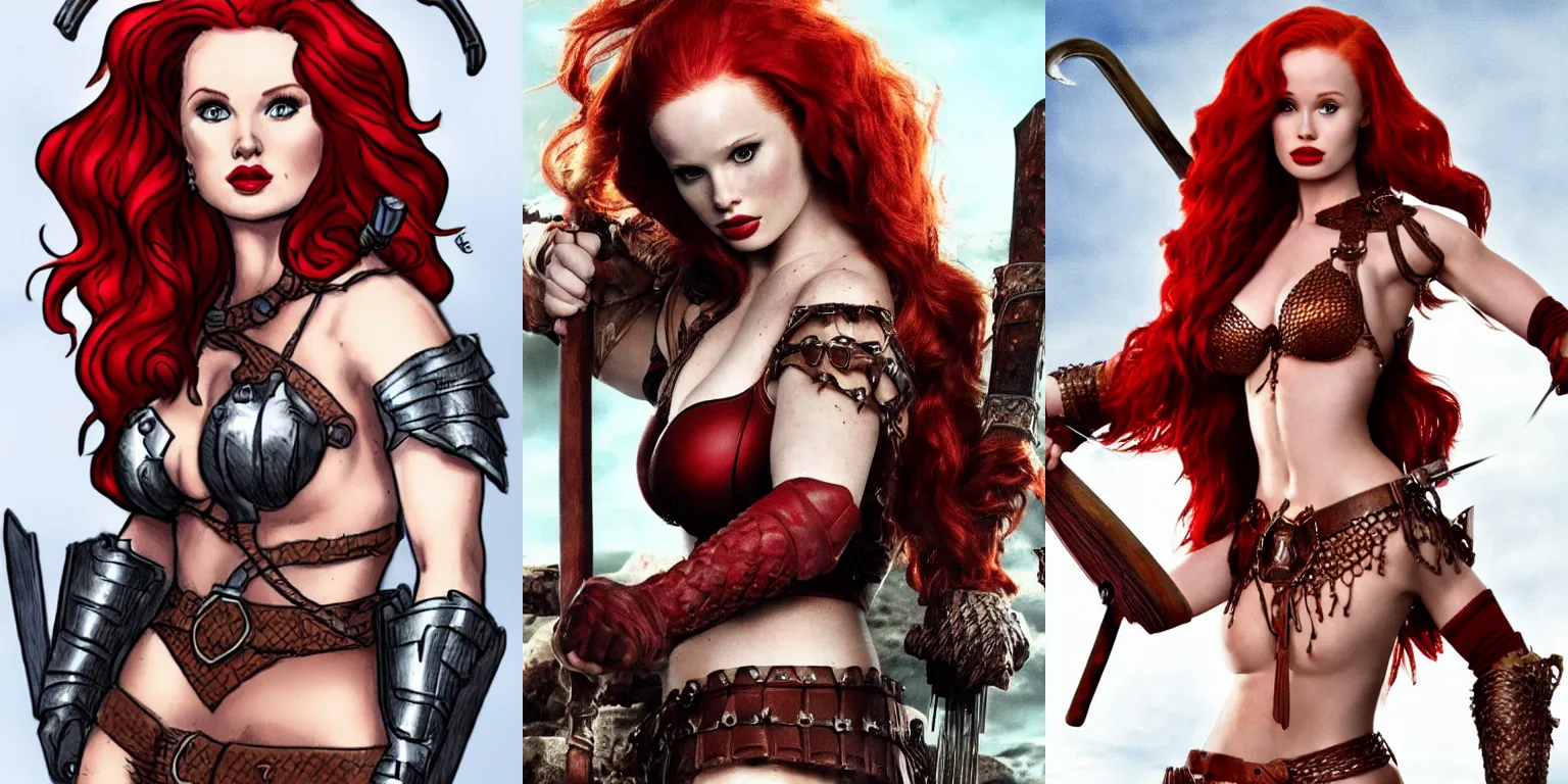 Prompt: Madelaine Petsch as Red Sonja, muscles, violence, heroic, fantasy, trending on deviantart