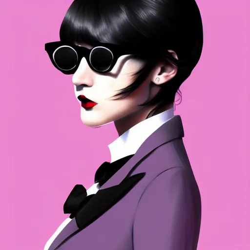 Image similar to young female in black tuxedo, corporate boss, luxury, muted colors, matte print, pastel colors, 2d, ultra highly detailed, smooth, sharp focus, digital art, digital painting, fan art, elegant, artstation, head is centered, by Ilya Kuvshinov