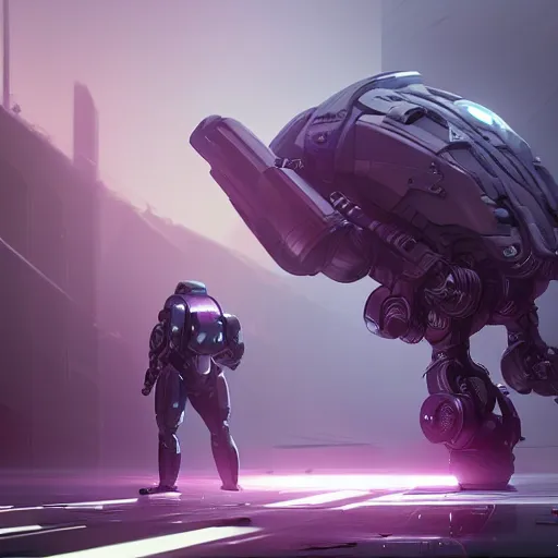 Image similar to hyperrealistic robot, futuristic, sci - fi, greg rutkowski, 3 d render, octane render, unreal engine, purple colors, dramatic lighting, epic composition