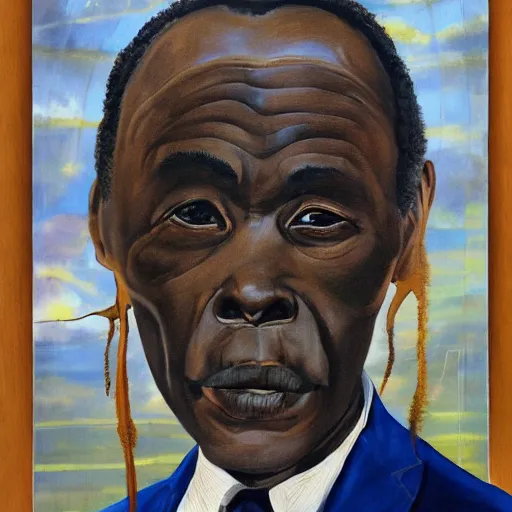 Prompt: a painting of a fatherly wide forehead, round face, XXL , loving, caring, generous, ever-present, humble, wise elder from Kenya in a suit by Wangechi Mutu . Fatherly/daddy, focused, loving, leader, relaxed, ethereal blue heavenly lights, details from behind, smooth, sharp focus, illustration, realistic, cinematic, artstation, award winning, rgb , unreal engine, octane render, cinematic light, macro, depth of field, blur, red light and clouds from the back, highly detailed epic cinematic concept art CG render made in Maya, Blender and Photoshop, octane render, excellent composition, dynamic dramatic cinematic lighting, aesthetic, very inspirational, arthouse.