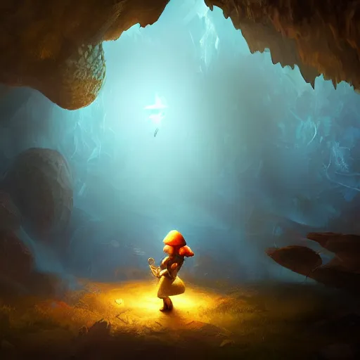 Prompt: an adventurer finding a mystical cave with huge magical glowing mushrooms, cold blue light, dark rocks, artstation