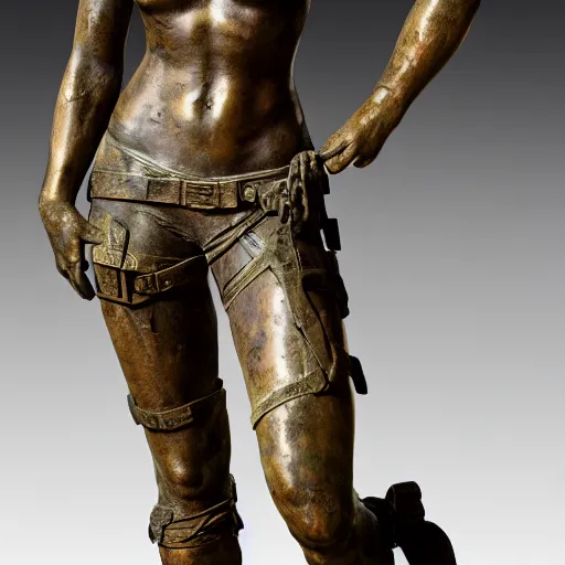 Prompt: detailed photo of an old bronze patina statue of a lara croft full body portrait, intricate detail, museum diffuse lighting