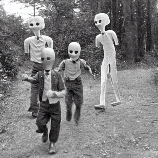 Prompt: a higly detailed album of scared children running slenderman from the 1940s, creepy, unsettling, bad quality, cursed image