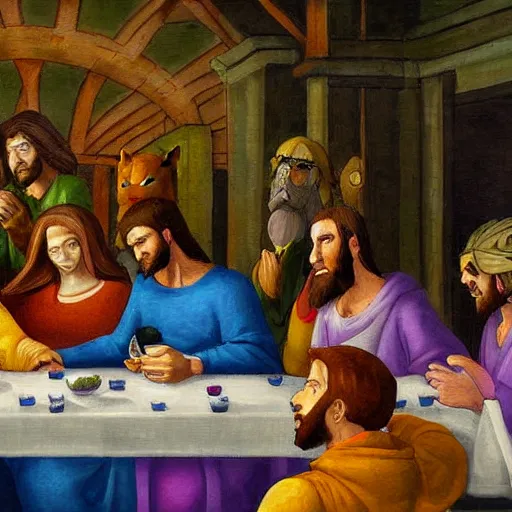 Image similar to the last supper painting but with pokemon, impressionist style, realistic, high detail, hdr render