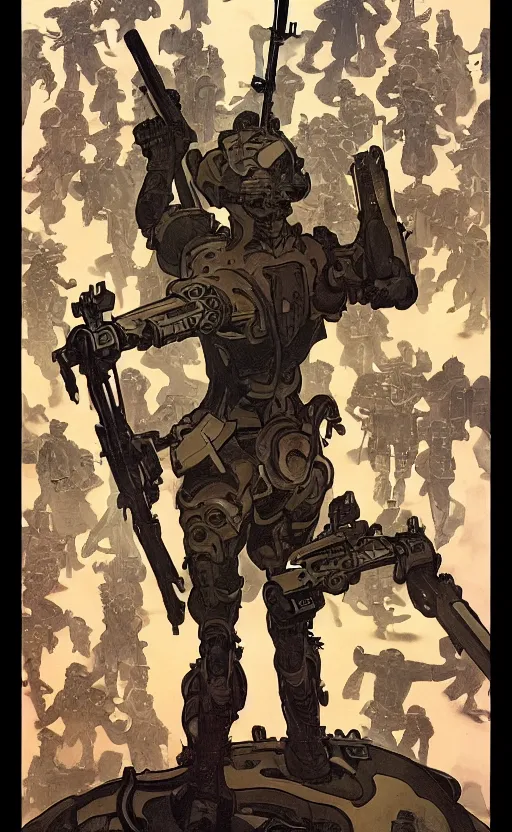 Prompt: a top view shot of a cyborg soldier stand up a pile of dead bodies, while holding a gun up to the sky, alphonse mucha , greg rutowski, illustration, science fiction, concept art, digital painting, Trending on artstation