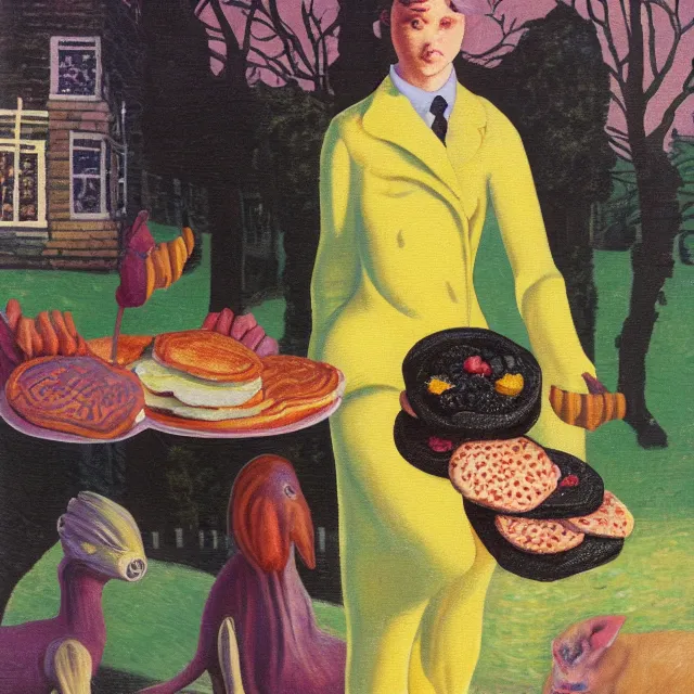 Prompt: tall emo female artist holding pancakes, in chippendale sydney, gold bars, maple syrup, snails, berries, pigs, octopus, witch's broomstick, acrylic on canvas, surrealist, by magritte and monet