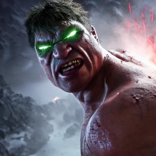 Image similar to ''hulk - hogan'in skyrim, ( gears of war ), splash art, movie still, detailed face, maga, patriot, cinematic lighting, dramatic, octane render, long lens, shallow depth of field, bokeh, anamorphic lens flare, 8 k, hyper detailed, 3 5 mm film grain