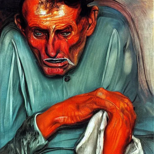 Image similar to high quality high detail painting of a man in agony by lucian freud and edvard munch and francis bacon, hd, poor beggar on the streets of london, turquoise and orange