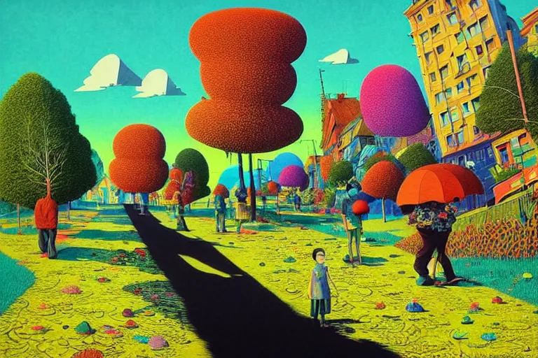 Image similar to surreal glimpse into other universe, jalan - jalan cari makan, summer morning, very coherent and colorful high contrast, art by!!!! gediminas pranckevicius!!!!, geof darrow, floralpunk screen printing woodblock, dark shadows, hard lighting, stipple brush technique,