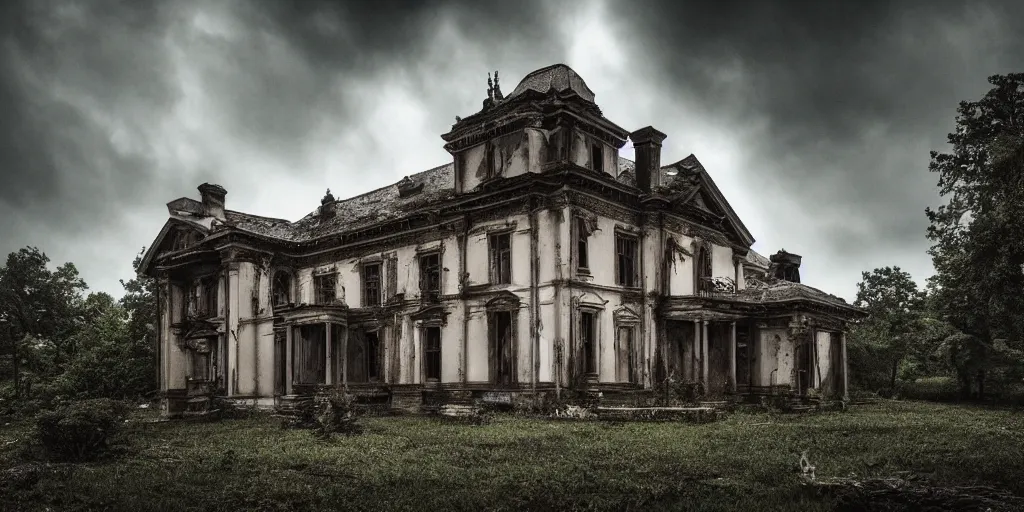 Image similar to a haunted old villa in the middle of an ancient forest, ominous Sky, gloomy atmosphere, cinematic, mist, High definition, 8k, ultra detailed