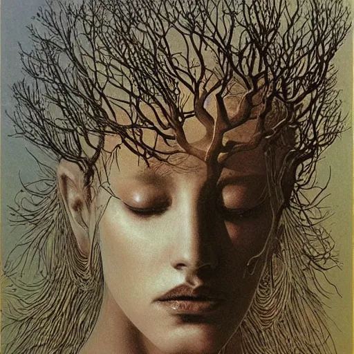 Prompt: priestess wearing a crown of twisting branches, by beksinski and moebius