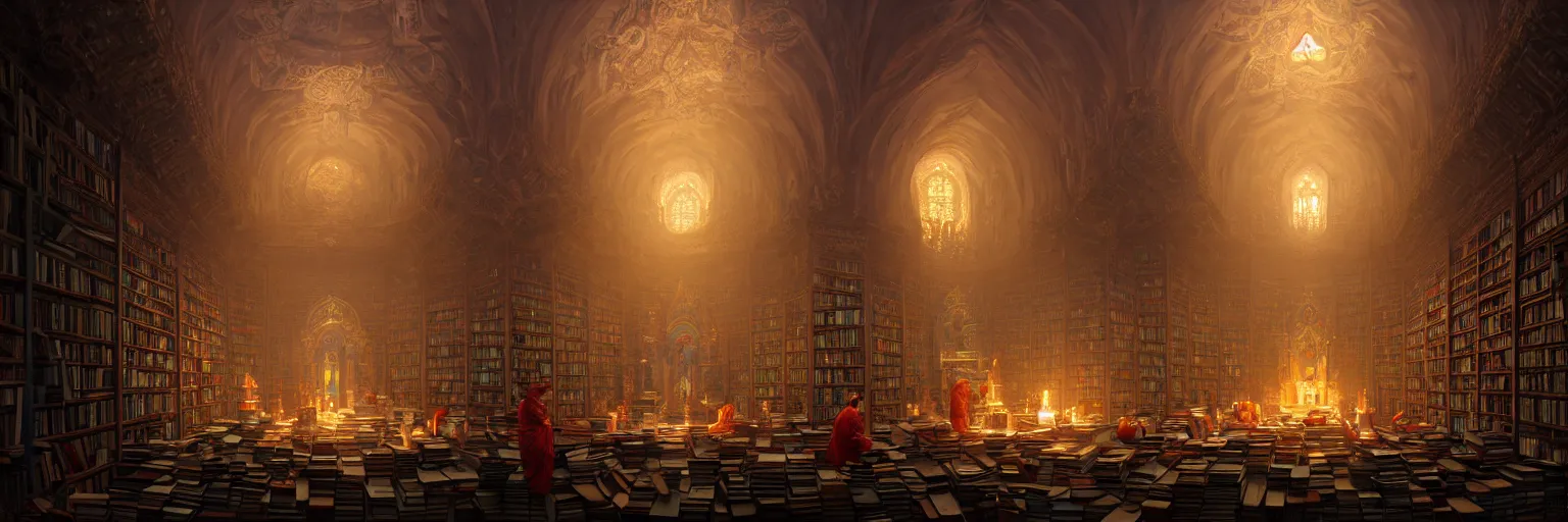 Prompt: Inside The Great Vajrayana Dzogchen Cathedral Temple Secret Library, thousands of books and sacred texts piled up, reading desks for scholar monks, beautiful lighting, by Andreas Rocha and Peter Mohrbacher, cinematic concept art matte painting, intricate detailed stunning incredible, 8K, trending on Artstation