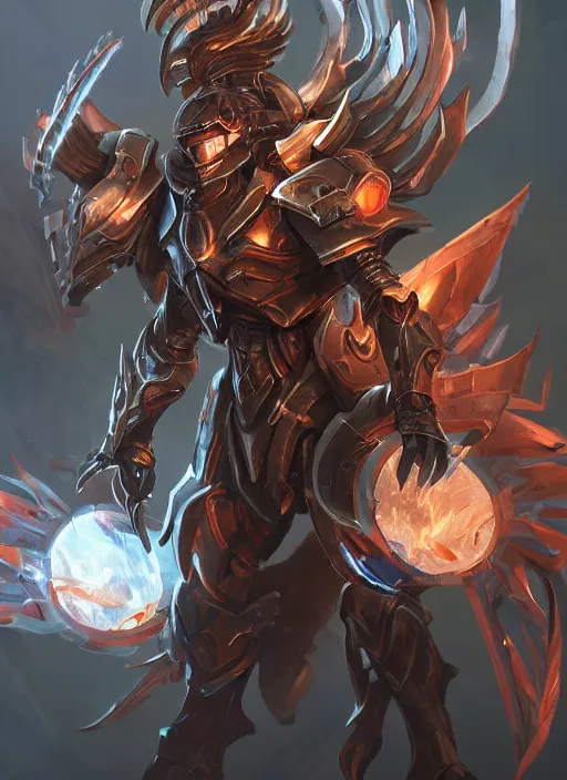 Prompt: a highly detailed illustration of cyber mechanical paladin with flaming plume, with arm blades, with light cracks throughout armor, dramatic charging pose, intricate, elegant, highly detailed, centered, digital painting, artstation, concept art, smooth, sharp focus, league of legends concept art, WLOP