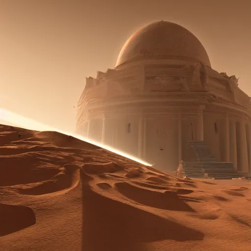 Image similar to mars architecture, temple of enlightenment, beams of light shining out from temple, parametricism, computational, moody, concept art, 8k