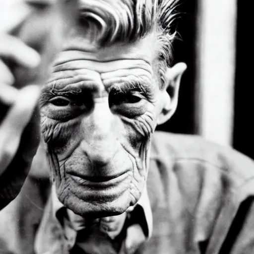 Prompt: Samuel Beckett pondering his feral infant