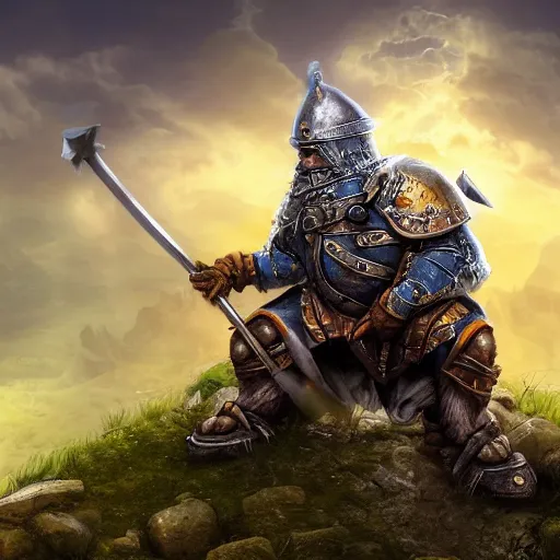 Image similar to A Dwarf clad in armor kneeling down in front of a gravestone near the edge of a cliff overlooking a village, breathtaking shot, award winning, widescreen, fantasy illustration, vivid colors,