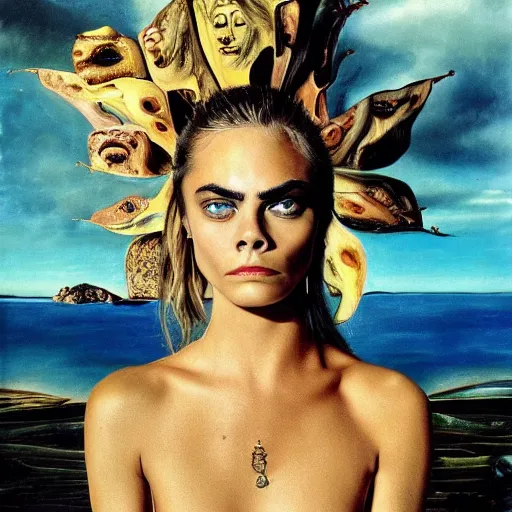 Prompt: Cara Delevigne is lost in a Salvador Dali painting, her face is shocked but happy, very very beautiful 4k scan