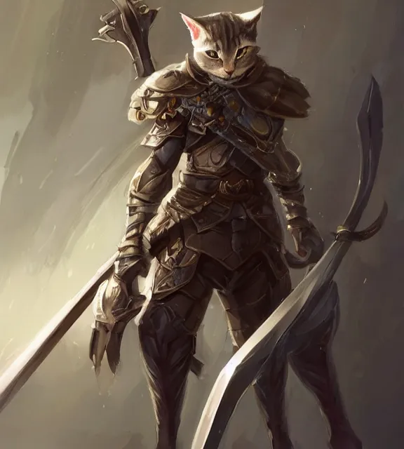 a cat warrior wearing armor holding a sword,, Stable Diffusion