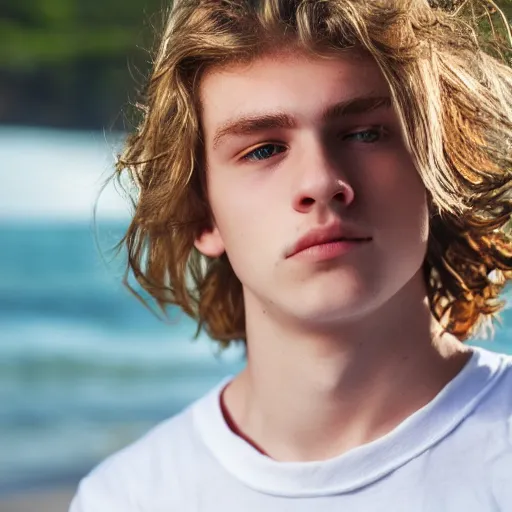 Image similar to portrait of a beautiful teenage boy around 2 0 yo. natural blonde hair, pale skin. beach background. detailed face.