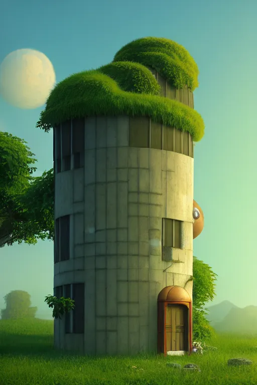 Image similar to cylindrical house, solarpunk, studio ghibli, jean - baptiste monge, octane render, 4 k